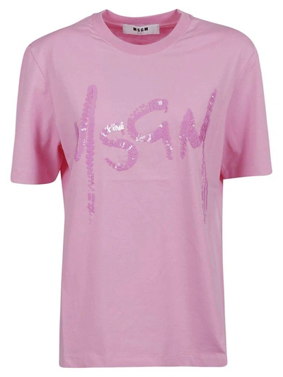 Shop Msgm Embellished Logo T-shirt In Pink