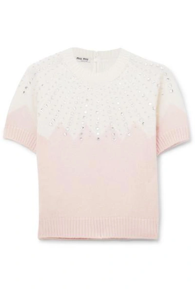 Shop Miu Miu Cropped Embellished Two-tone Cashmere Sweater In Pink