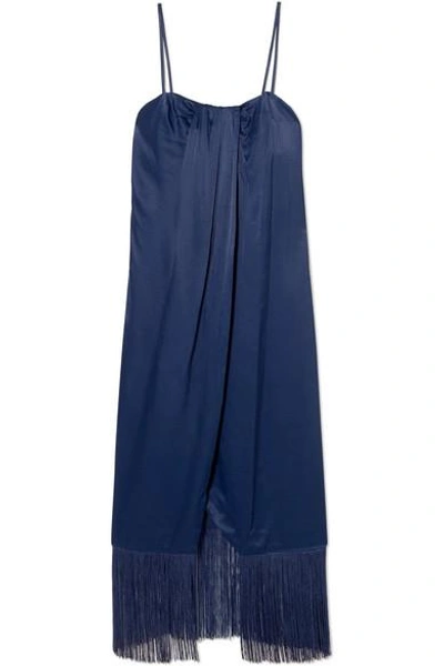 Shop Rachel Zoe Brighton Fringed Draped Satin Midi Dress In Blue