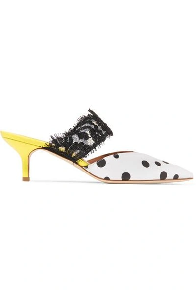 Shop Malone Souliers Maisie 45 Lace-trimmed Polka-dot Faille Mules In White