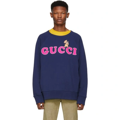Shop Gucci Navy Pig Embroidery Sweatshirt In 4166 Blue