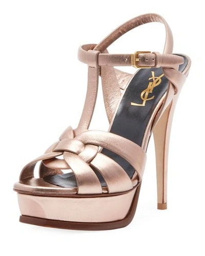 Shop Saint Laurent Tribute Metallic Leather Platform Sandals In Blush