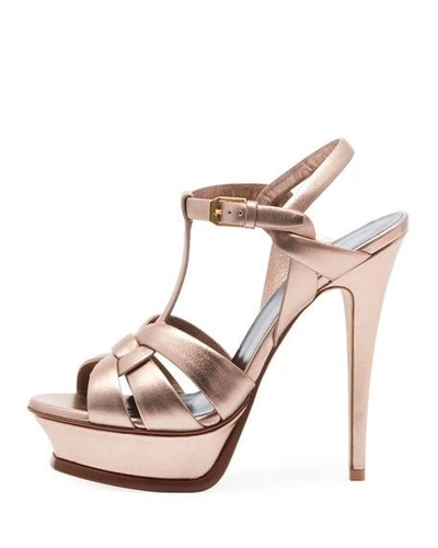 Shop Saint Laurent Tribute Metallic Leather Platform Sandals In Blush