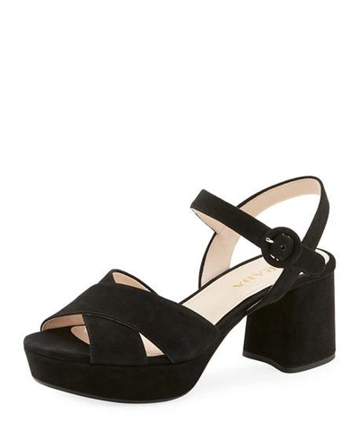 Shop Prada Suede Crisscross Ankle-wrap 65mm Sandals In Nero