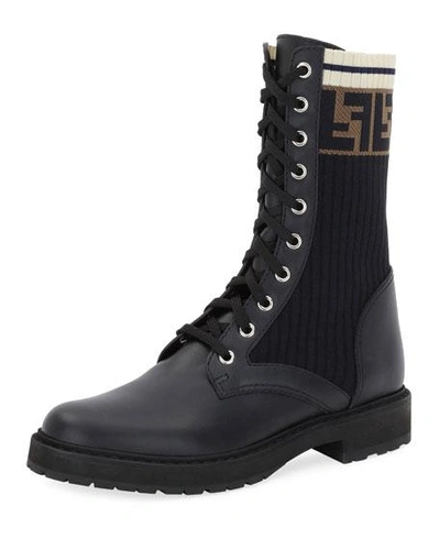 Shop Fendi Leather Combat Boot With Ff Cuff In Black
