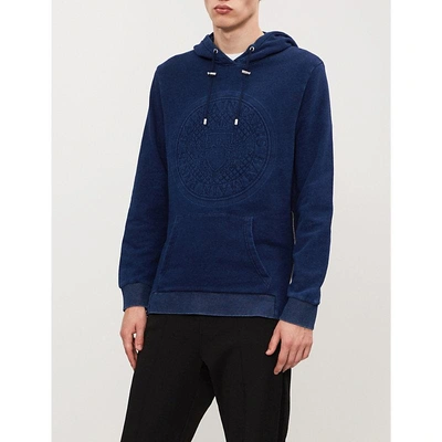 Shop Balmain Logo-print Cotton-jersey Hoody In Bleu