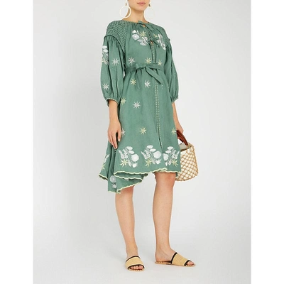 Shop Innika Choo Floral-embroidered Linen Dress In Green