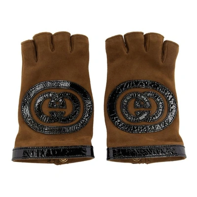 Shop Gucci Brown Logo Fingerless Gloves In 2560 Brown