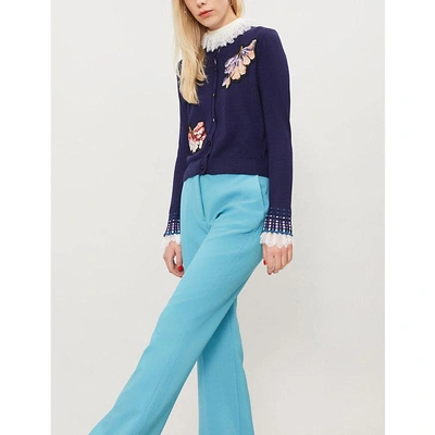 Shop Peter Pilotto Floral Wool Cardigan In Navy