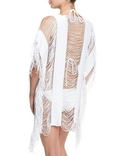 Shop Pilyq Monique Shredded Fringe-trim Coverup In Water Lily