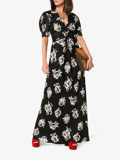 Shop Miu Miu V-neck Rose Print Short Sleeve Silk Dress In Black