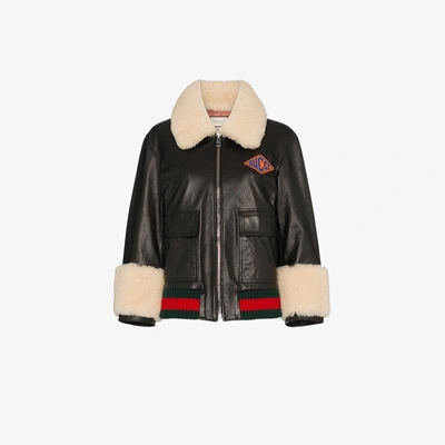 Shop Gucci Logo Patch Shearling Trim Leather Bomber Jacket In Black