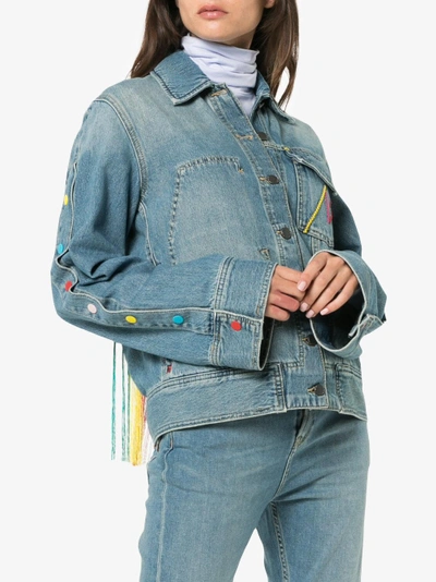 Shop Mira Mikati Oversized Tasselled Cotton Blend Denim Jacket In Blue