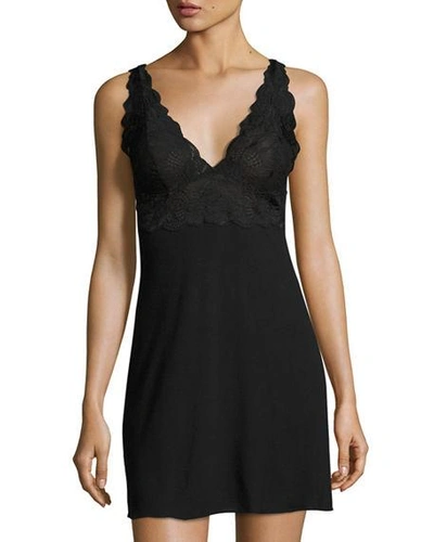 Shop Natori Zen Lace-trim V-neck Chemise In Black