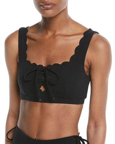 Shop Marysia Palm Springs Scalloped Lace-up Swim Top, White In Black