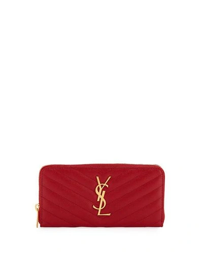 Shop Saint Laurent Ysl Monogram Grain De Poudre Zip-around Wallet In Medium Red