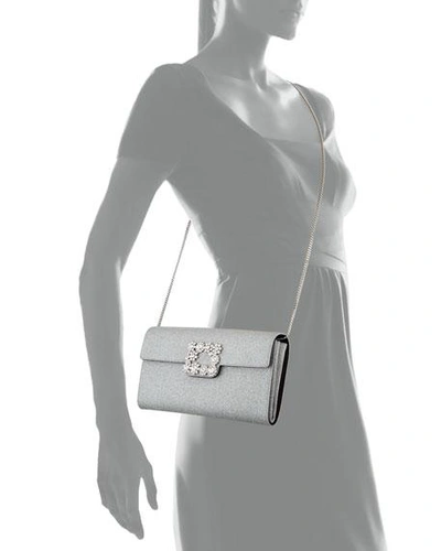 Roger Vivier Floral Crystal-buckle Glitter Fabric Envelope Clutch Bag In Silver