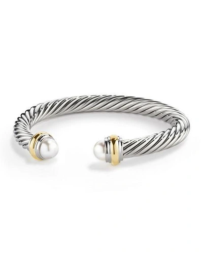 Shop David Yurman Cable Bracelet With Gemstone And 14k Gold In Silver, 7mm In Pearl