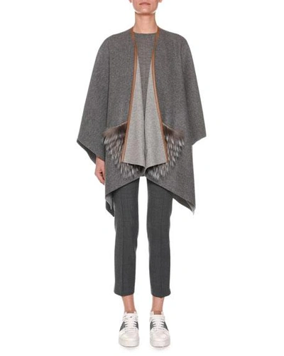 Shop Agnona Open-front Cashmere Shawl With Fur Pockets In Gray