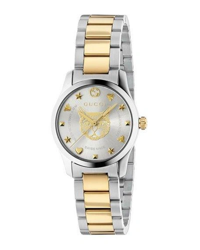 Shop Gucci 27mm G-timeless Bracelet Watch W/ Feline Motif, Two-tone In Gray/yellow