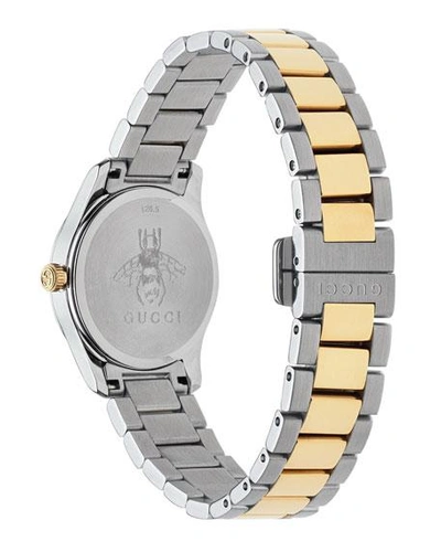 Shop Gucci 27mm G-timeless Bracelet Watch W/ Feline Motif, Two-tone In Gray/yellow