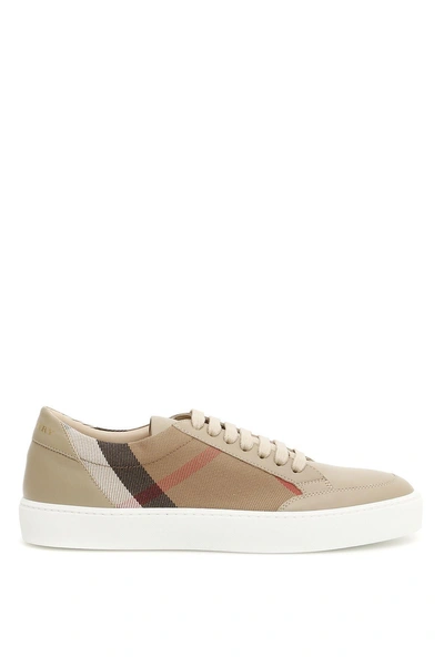 Shop Burberry Salmond Leather And Check Sneakers In Nudebeige