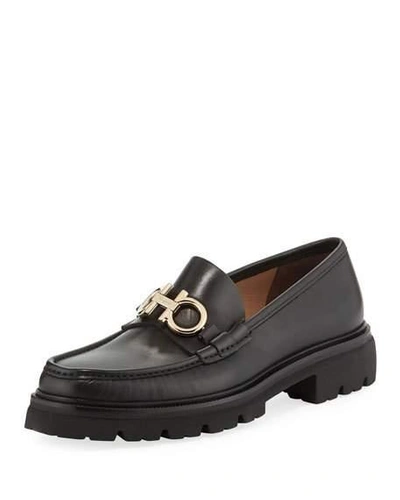 Shop Ferragamo Men's Bleecker Leather Lug-sole Loafers With Reversible Bit In Black