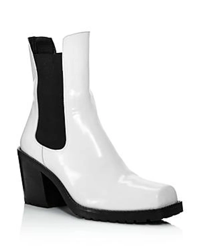 Shop Creatures Of Comfort Women's Crawford Square Toe Patent Leather Mid-heel Booties In White