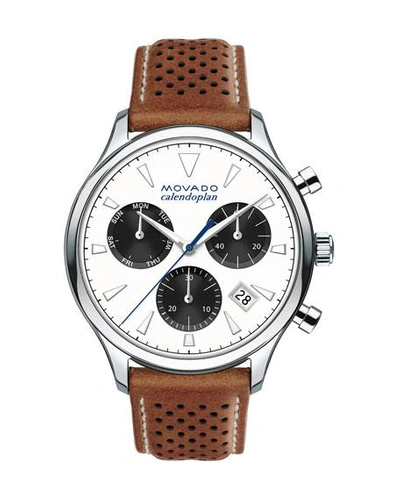 Shop Movado 43mm Heritage Calendoplan Chronograph Watch With Perforated Leather Strap In Brown