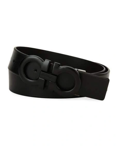 Shop Ferragamo Men's Matte-gancini Leather Belt, Black