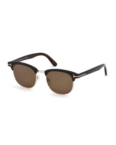 Shop Tom Ford Men's Half-rim Metal/acetate Sunglasses - Golden Hardware In Black