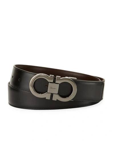 Shop Ferragamo Men's Reversible Leather Double-gancio Belt In Dark Gray
