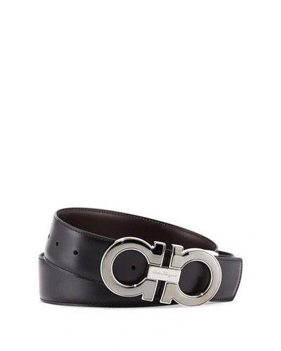 Shop Ferragamo Men's Reversible Leather Gancini-buckle Belt In Black/brown