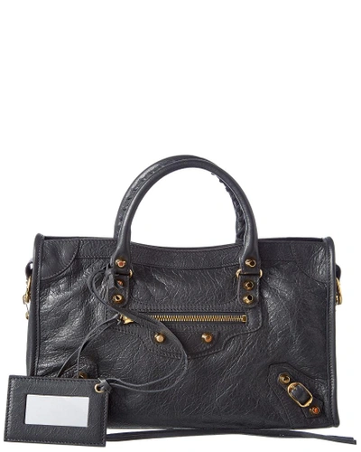 Shop Balenciaga Classic Gold City Small Leather Shoulder Bag In Grey