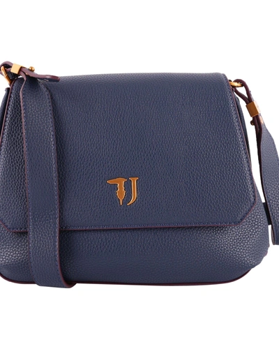 Shop Trussardi Faux Leather Shoulder Bag In Navy Blue