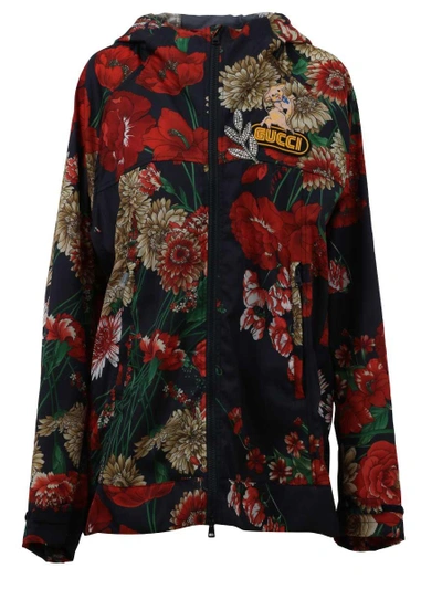 Gucci Zip-front Hooded Spring Floral-bouquet Print Nylon Jacket W/ Logo Patch In Blue/red