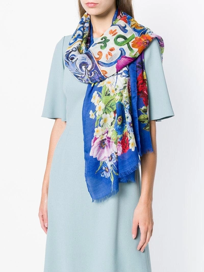 Shop Dolce & Gabbana Floral Embroidered Scarf - Blue