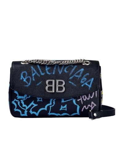 Shop Balenciaga Graffiti Shoulder Bag In 1090 Noir Blanc