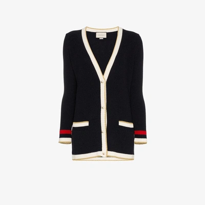 Shop Gucci Embroidered Oversized Knitted Cardigan In Blue