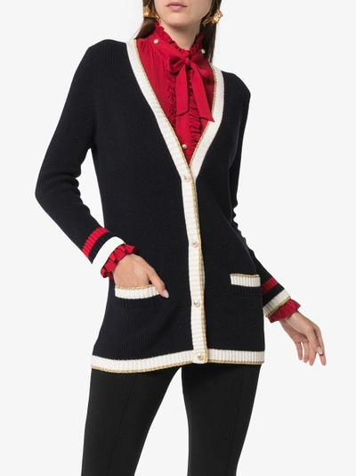 Shop Gucci Embroidered Oversized Knitted Cardigan In Blue