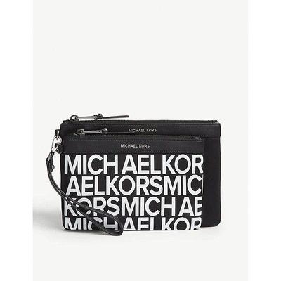 Shop Michael Michael Kors Leather Pouch Set Of Two In Blk/optwhite