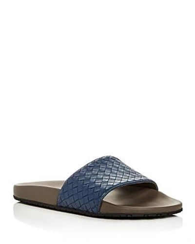 Shop Bottega Veneta Men's Woven Leather Slide Sandals In Blue