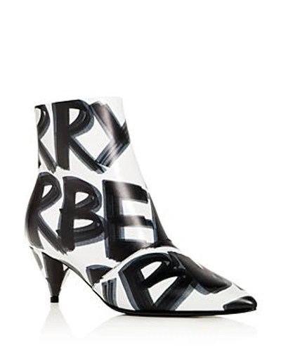 Shop Burberry Women's Wilsbeck Graffiti Logo Print Leather Mid-heel Booties In Optic White