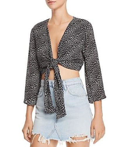 Shop Fore Mini-leopard Tie-front Cropped Top In Black/white