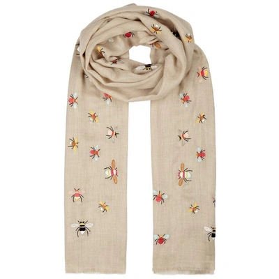 Shop Janavi Little Bees Embroidered Cashmere Scarf In Natural