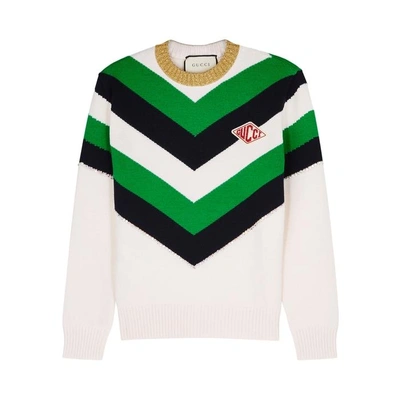 Shop Gucci Crystal-embellished Striped Wool Jumper In Cream