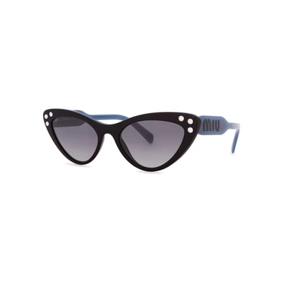 Shop Miu Miu Black Embellished Cat-eye Sunglasses