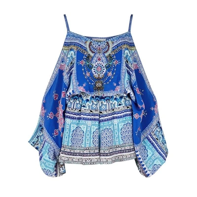 Shop Camilla Strength In Rays Printed Silk Playsuit In Blue And White