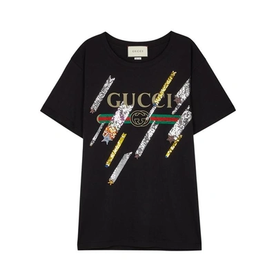 Shop Gucci Black Embellished Cotton T-shirt