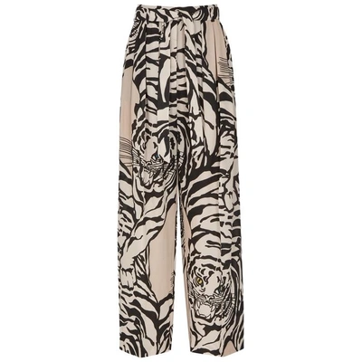 Shop Valentino Tiger-print Silk Trousers In Beige